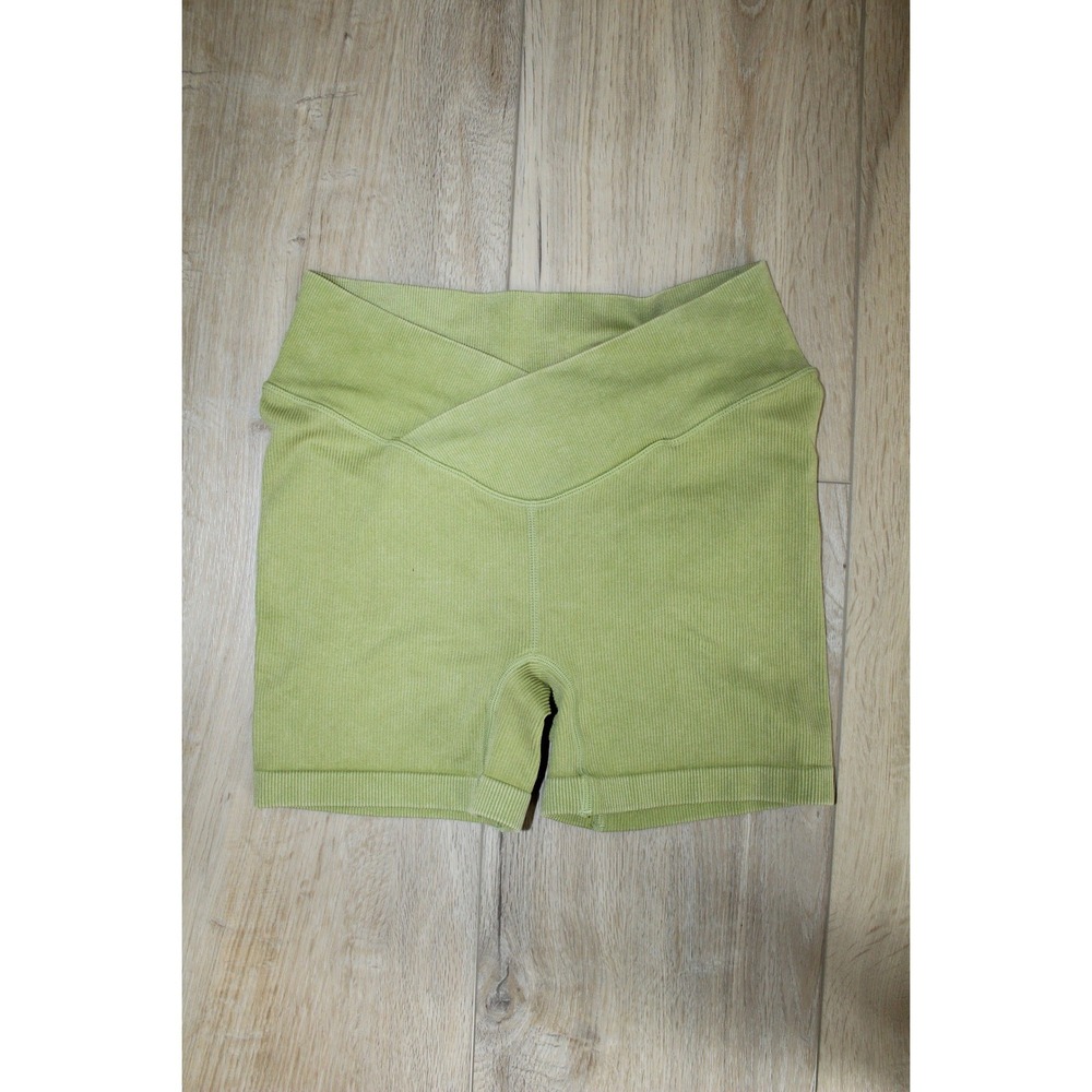JoyLab Womens Ribbed Crossover Waist Bike Shorts Lime Green High Rise Athletic S